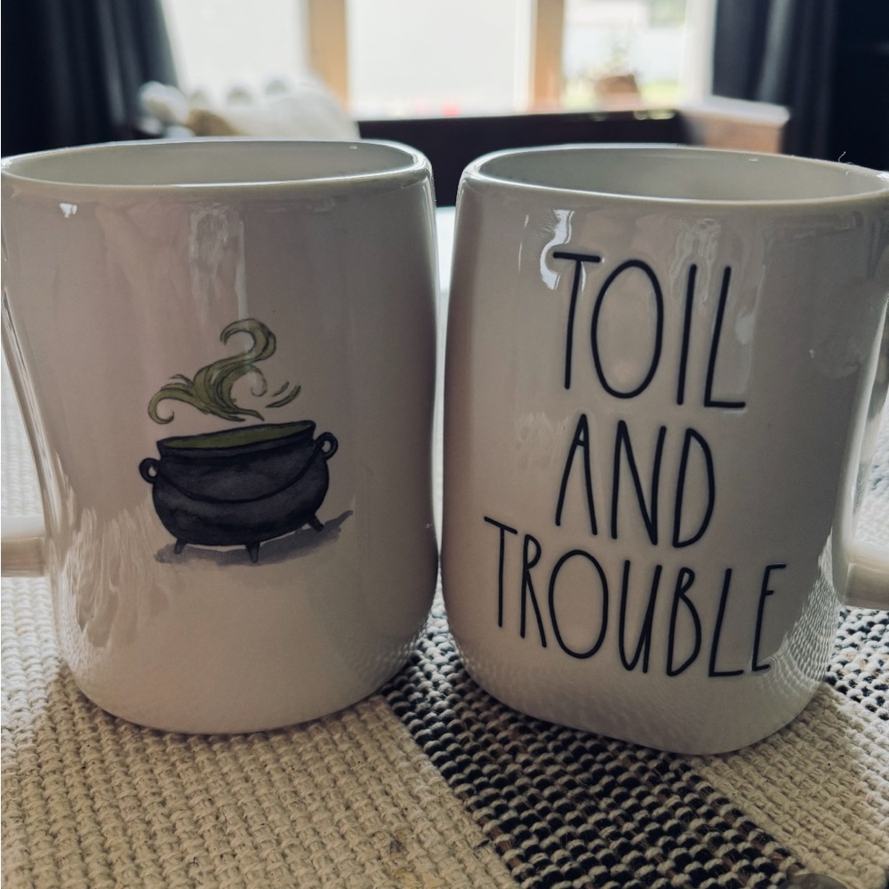 White Ceramic Rae Dunn Mugs with Cauldron Design